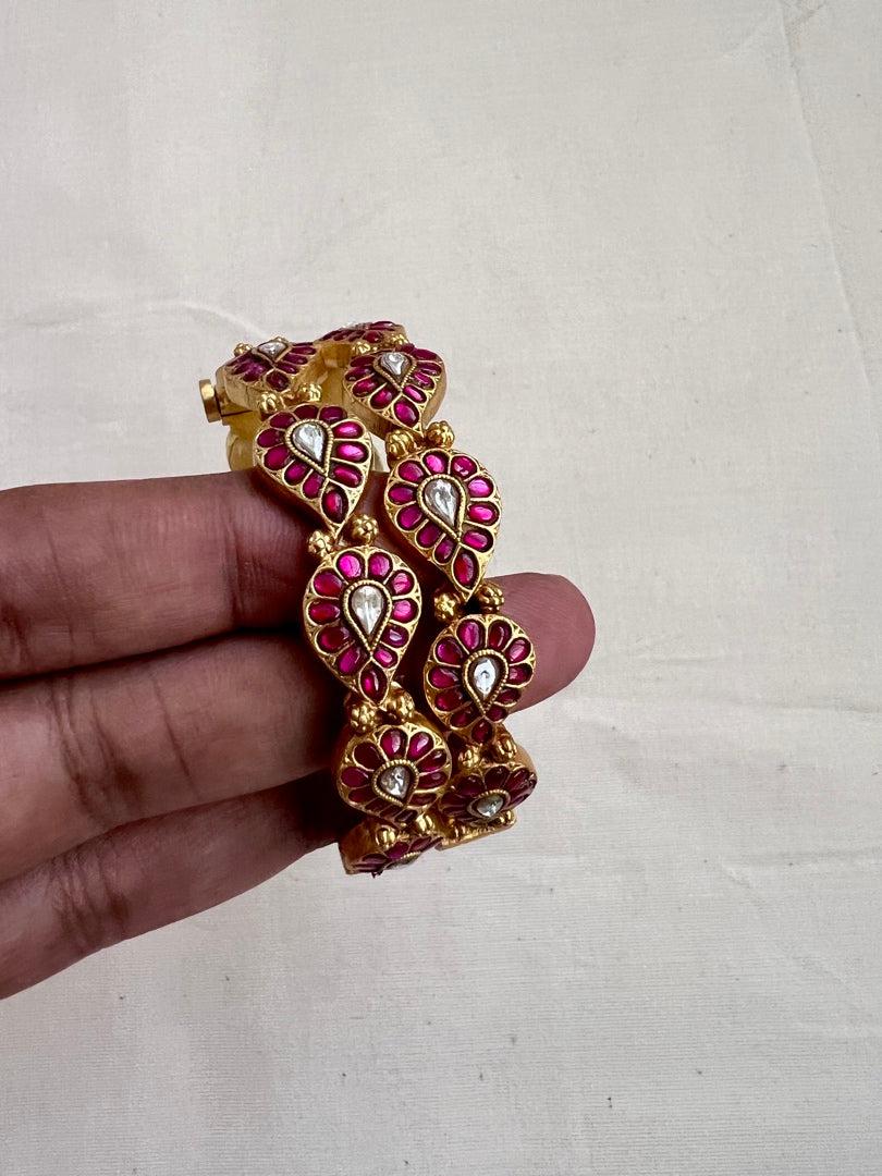 Gold polish kundan & ruby paisley bangles, 2.3, PAIR-Silver Bracelet-CI-House of Taamara