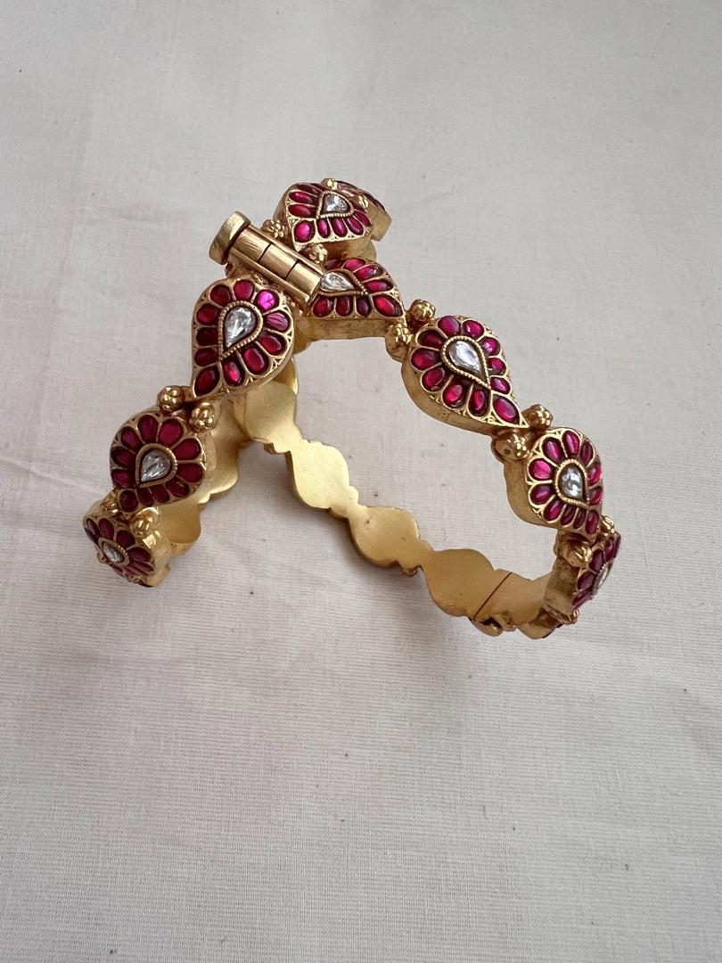 Gold polish kundan & ruby paisley bangles, 2.3, PAIR-Silver Bracelet-CI-House of Taamara