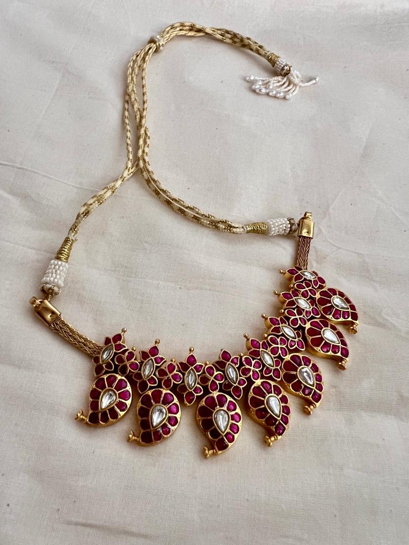 Gold polish kundan & ruby paisley necklace-Silver Neckpiece-CI-House of Taamara