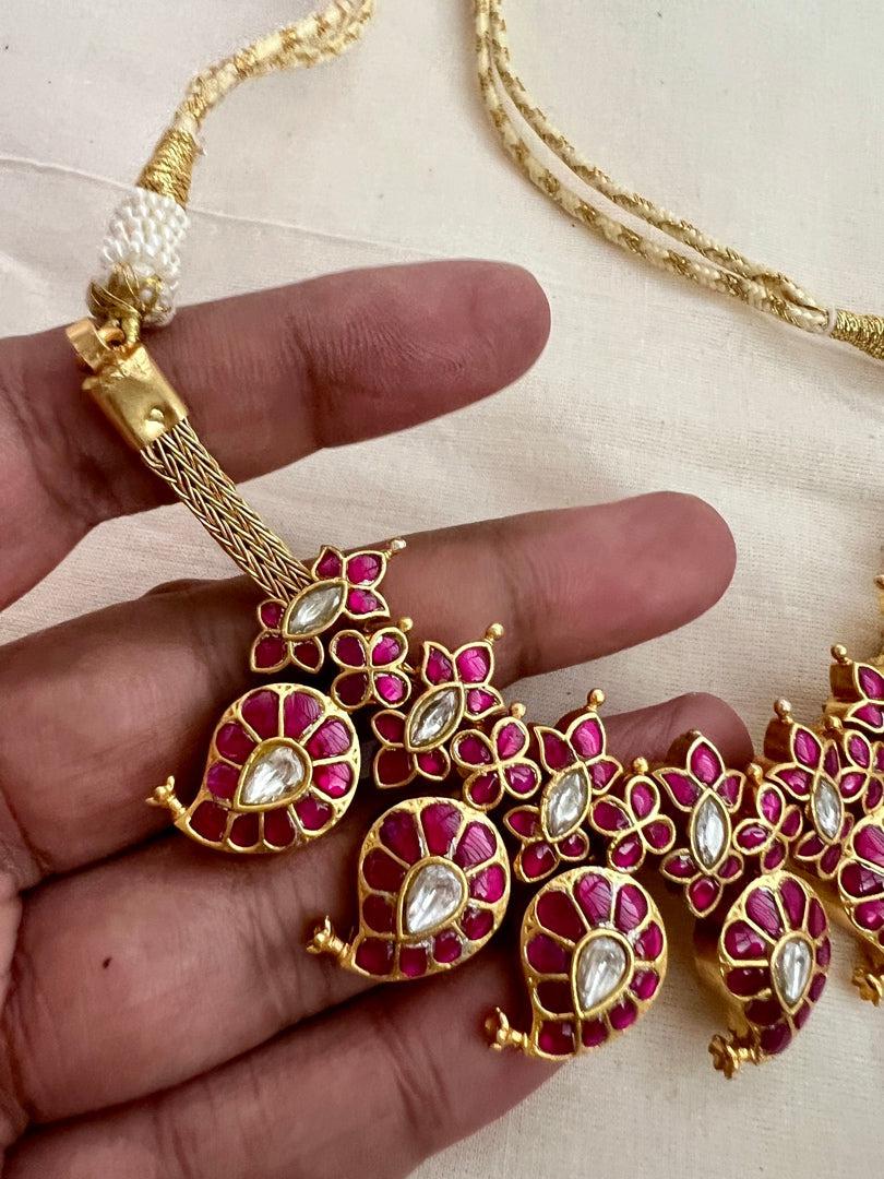 Gold polish kundan & ruby paisley necklace-Silver Neckpiece-CI-House of Taamara