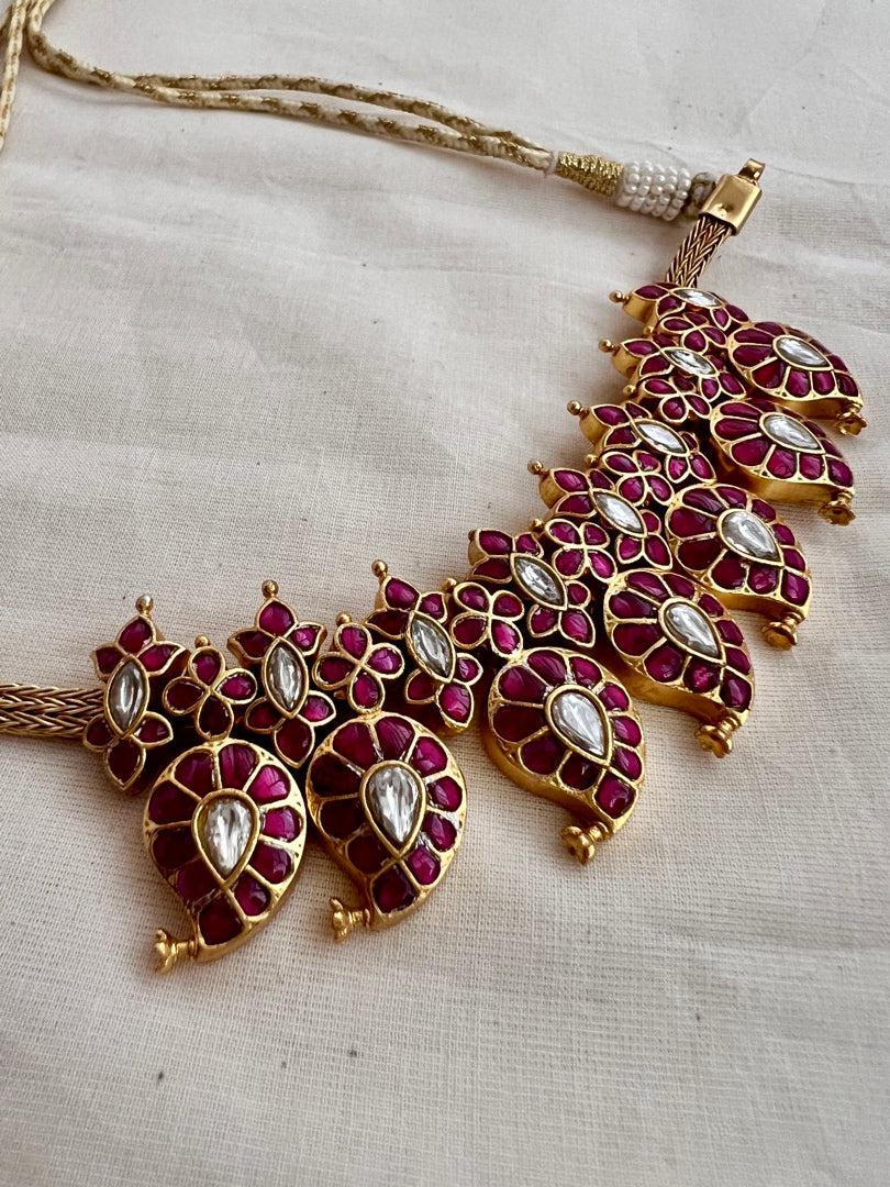 Gold polish kundan & ruby paisley necklace-Silver Neckpiece-CI-House of Taamara