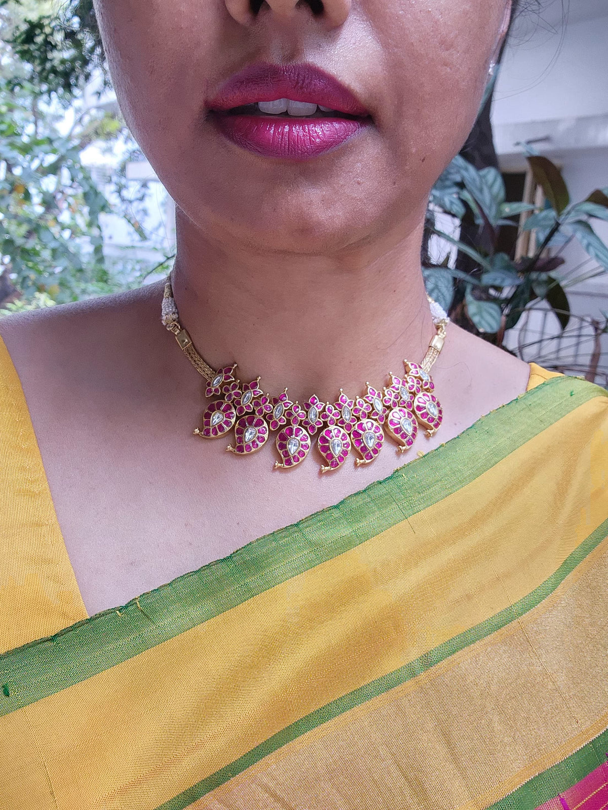 Gold polish kundan & ruby paisley necklace-Silver Neckpiece-CI-House of Taamara