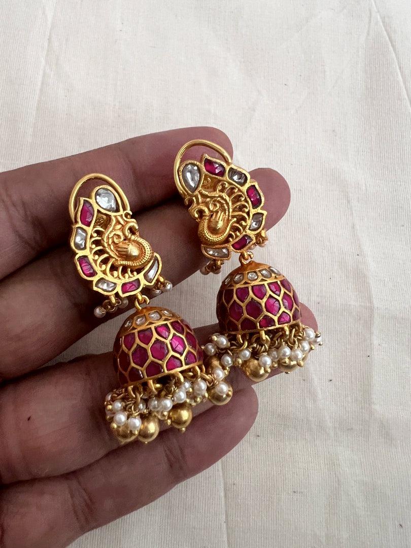 Gold polish kundan & ruby peacock jhumkas with pearls-Earrings-CI-House of Taamara