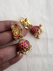 Gold polish kundan & ruby peacock jhumkas with pearls-Earrings-CI-House of Taamara