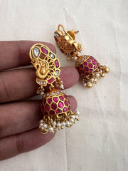 Gold polish kundan & ruby peacock jhumkas with pearls-Earrings-CI-House of Taamara