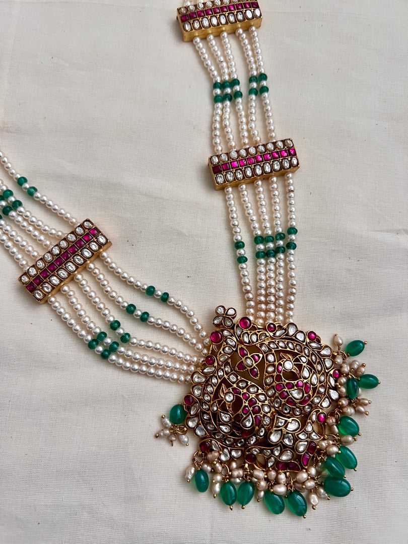 Gold polish kundan & ruby peacock pendant with pearls & green onyx beads chain-Silver Neckpiece-CI-House of Taamara