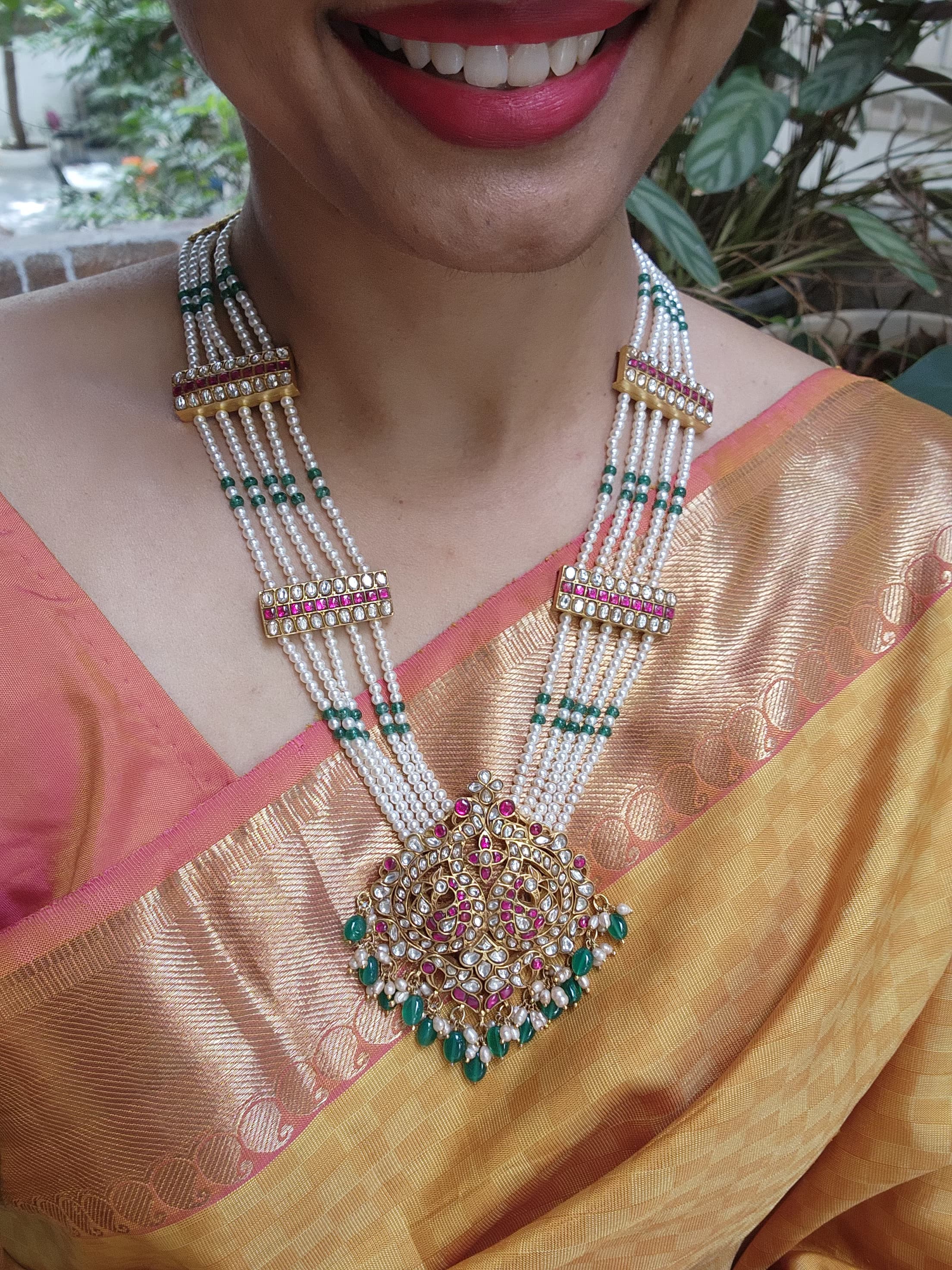 Gold polish kundan & ruby peacock pendant with pearls & green onyx beads chain-Silver Neckpiece-CI-House of Taamara