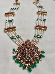 Gold polish kundan & ruby peacock pendant with pearls & green onyx beads chain-Silver Neckpiece-CI-House of Taamara