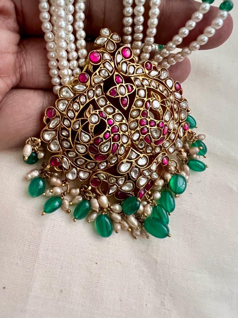 Gold polish kundan & ruby peacock pendant with pearls & green onyx beads chain-Silver Neckpiece-CI-House of Taamara