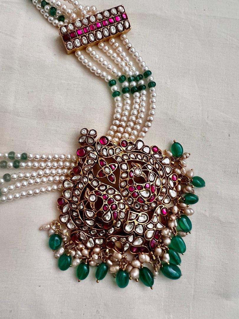 Gold polish kundan & ruby peacock pendant with pearls & green onyx beads chain-Silver Neckpiece-CI-House of Taamara