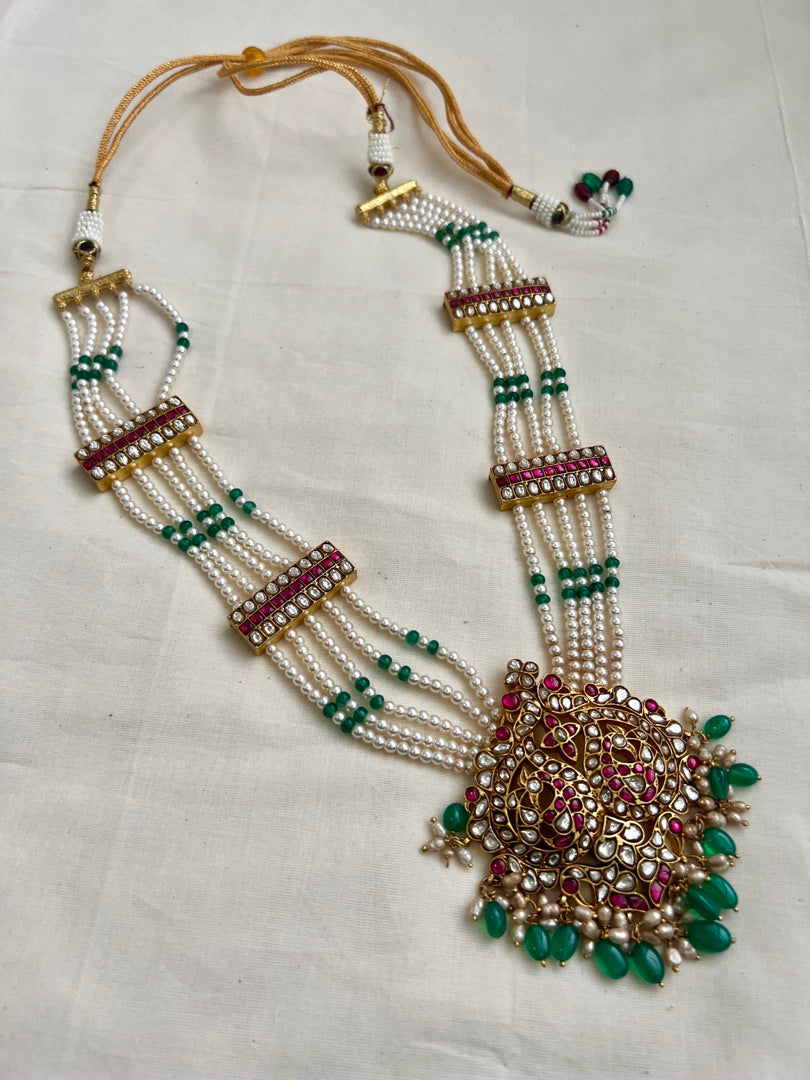 Gold polish kundan & ruby peacock pendant with pearls & green onyx beads chain-Silver Neckpiece-CI-House of Taamara