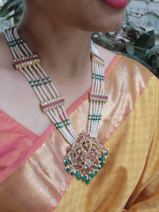 Gold polish kundan & ruby peacock pendant with pearls & green onyx beads chain-Silver Neckpiece-CI-House of Taamara