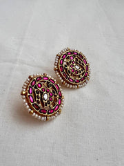 Gold polish kundan & ruby peacock studs with pearls-Earrings-CI-House of Taamara