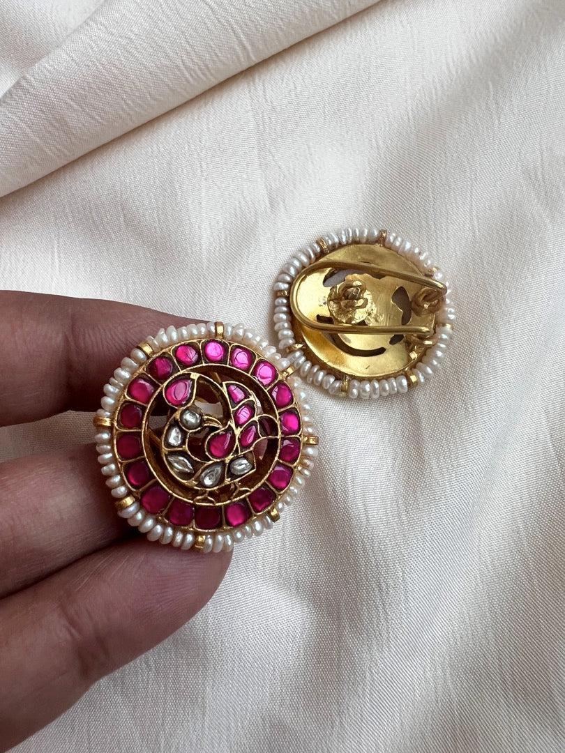 Gold polish kundan & ruby peacock studs with pearls-Earrings-CI-House of Taamara