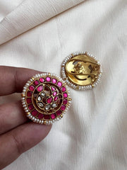 Gold polish kundan & ruby peacock studs with pearls-Earrings-CI-House of Taamara