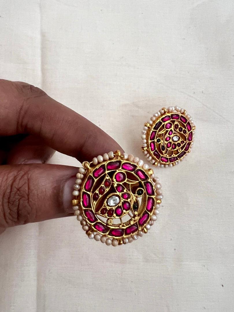 Gold polish kundan & ruby peacock studs with pearls-Earrings-CI-House of Taamara