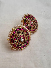 Gold polish kundan & ruby peacock studs with pearls-Earrings-CI-House of Taamara