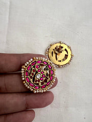 Gold polish kundan & ruby peacock studs with pearls-Earrings-CI-House of Taamara