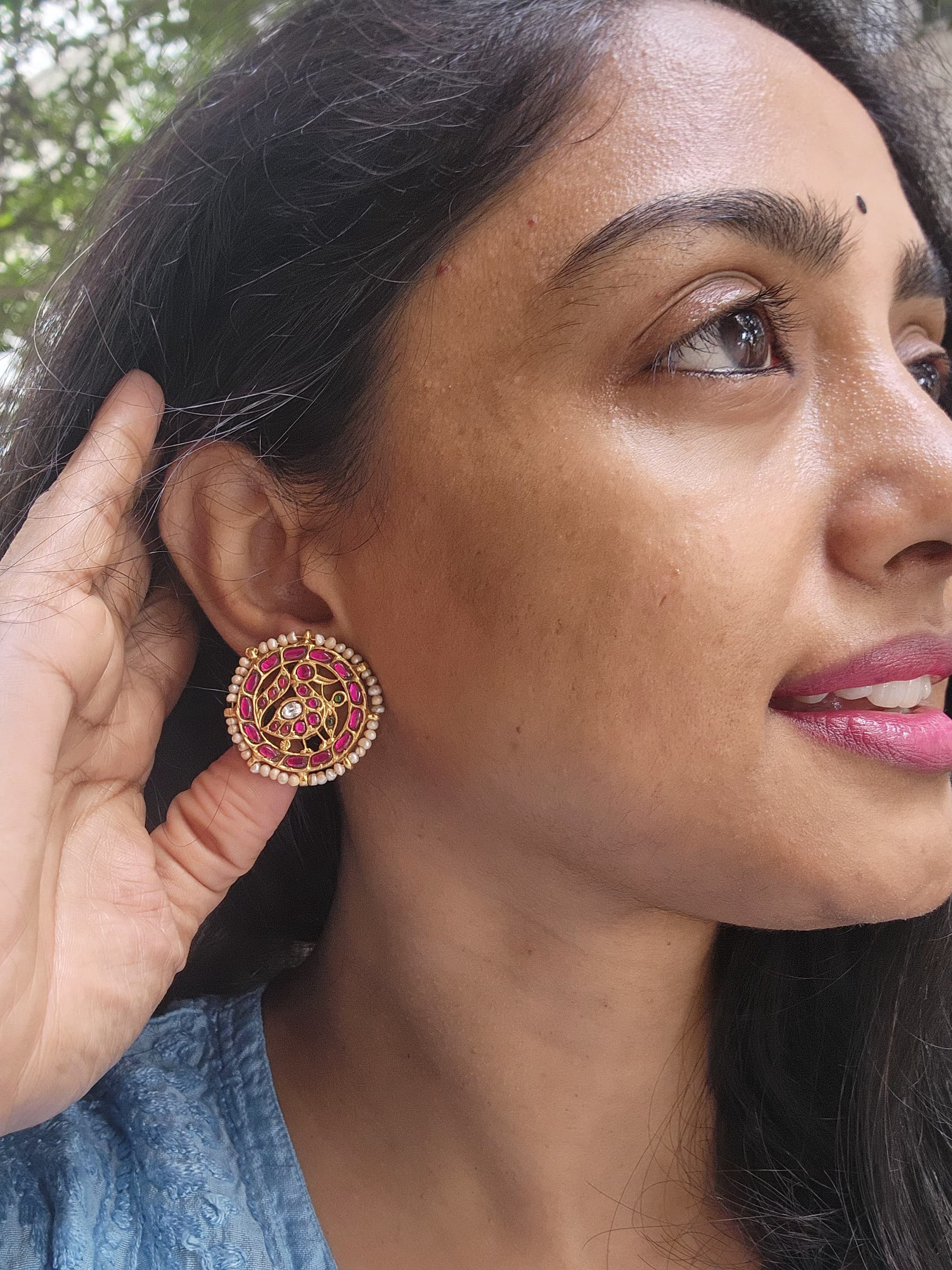 Gold polish kundan & ruby peacock studs with pearls-Earrings-CI-House of Taamara