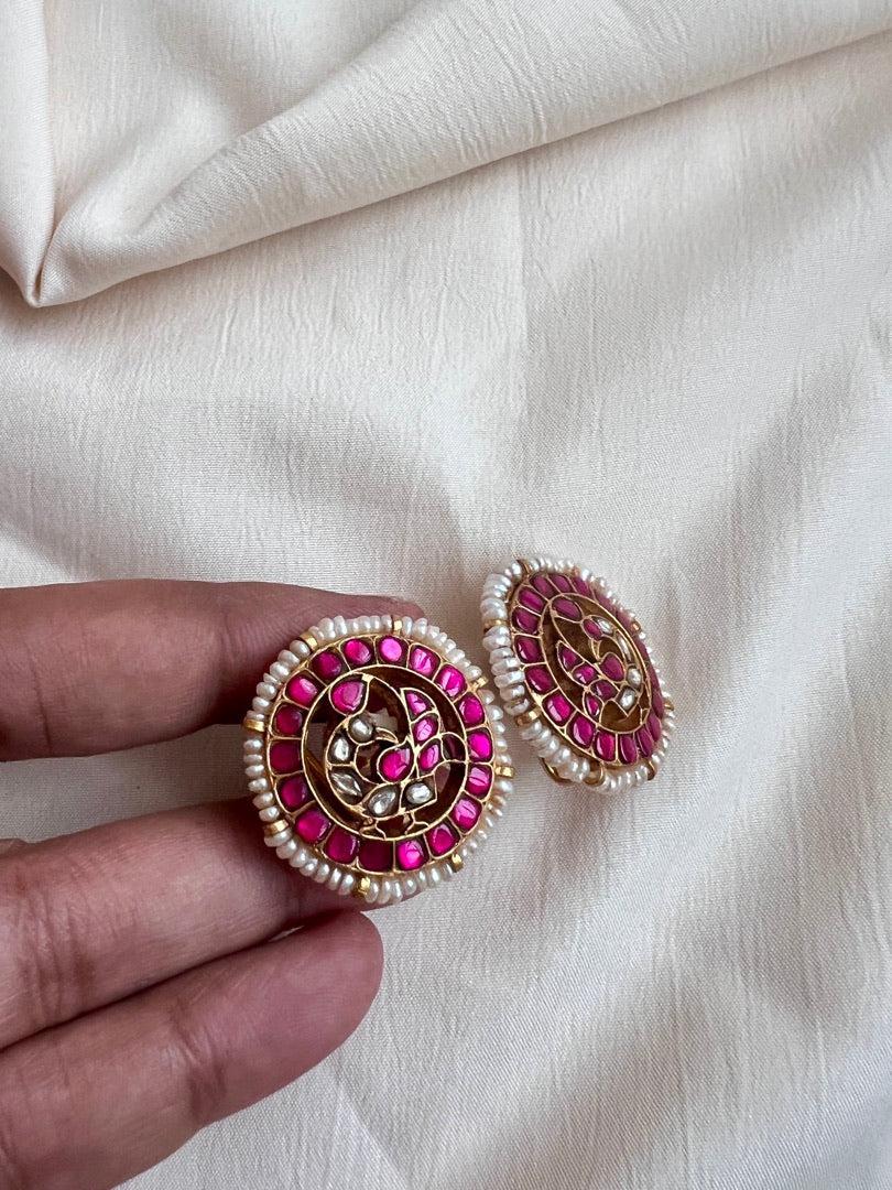 Gold polish kundan & ruby peacock studs with pearls-Earrings-CI-House of Taamara