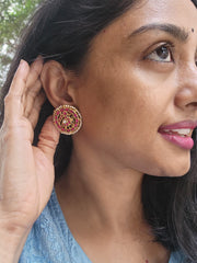 Gold polish kundan & ruby peacock studs with pearls-Earrings-CI-House of Taamara