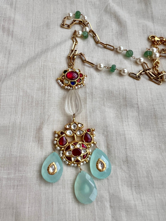Gold polish kundan & ruby pendant chain with pearls and jade beads-Silver Neckpiece-CI-House of Taamara