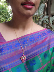 Gold polish kundan & ruby pendant chain with pearls & ruby beads-Silver Neckpiece-CI-House of Taamara