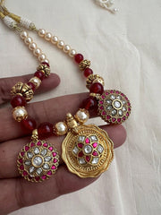 Gold polish kundan & ruby pendant necklace with pearls & ruby beads chain-Silver Neckpiece-CI-House of Taamara