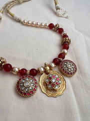 Gold polish kundan & ruby pendant necklace with pearls & ruby beads chain-Silver Neckpiece-CI-House of Taamara