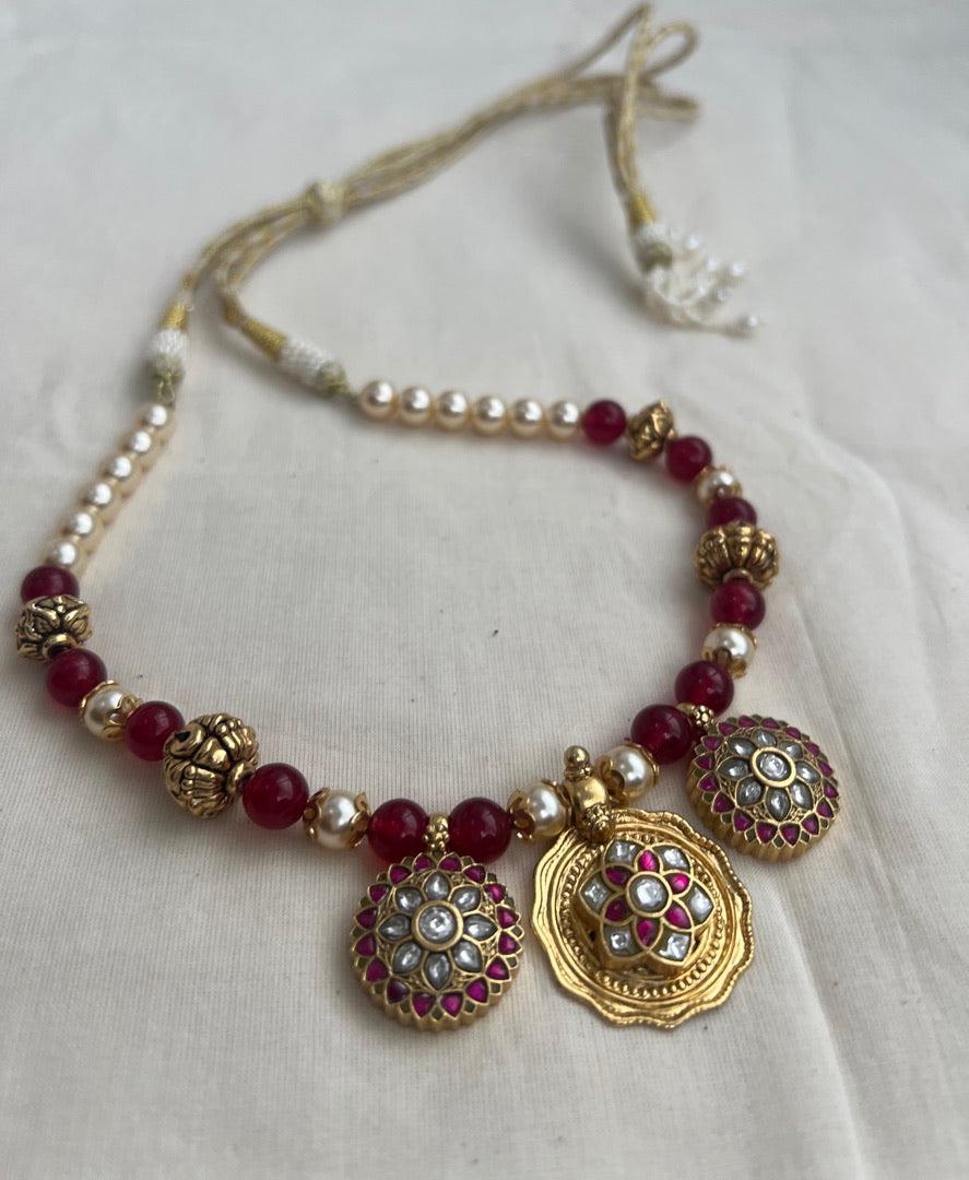 Gold polish kundan & ruby pendant necklace with pearls & ruby beads chain-Silver Neckpiece-CI-House of Taamara