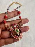 Gold polish kundan & ruby pendant with coral and blue lapis beads chain-Silver Neckpiece-CI-House of Taamara