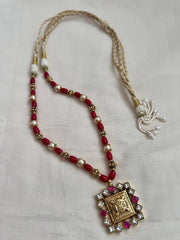 Gold polish kundan & ruby pendant with corals & pearls beaded chain-Silver Neckpiece-CI-House of Taamara