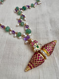 Gold polish kundan & ruby pendant with jade, amethyst and pearls bead chain-Silver Neckpiece-CI-House of Taamara