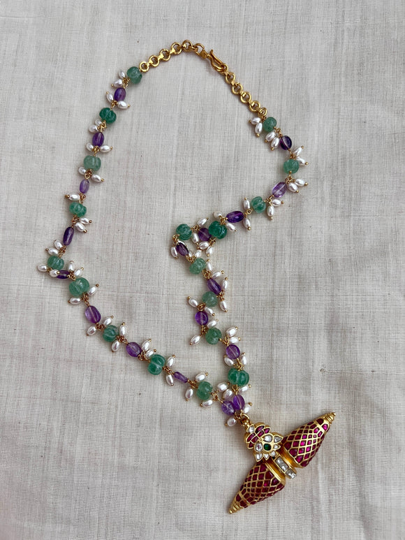 Gold polish kundan & ruby pendant with jade, amethyst and pearls bead chain-Silver Neckpiece-CI-House of Taamara