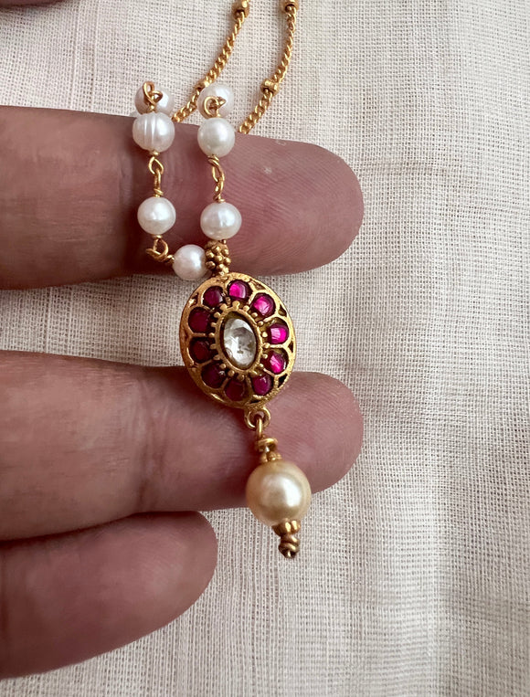 Gold polish kundan & ruby pendant with pearl beads chain-Silver Neckpiece-CI-House of Taamara