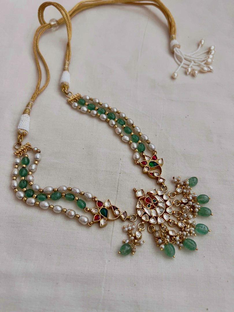 Gold polish kundan & ruby pendant with pearls and jade beads necklace-Silver Neckpiece-CI-House of Taamara