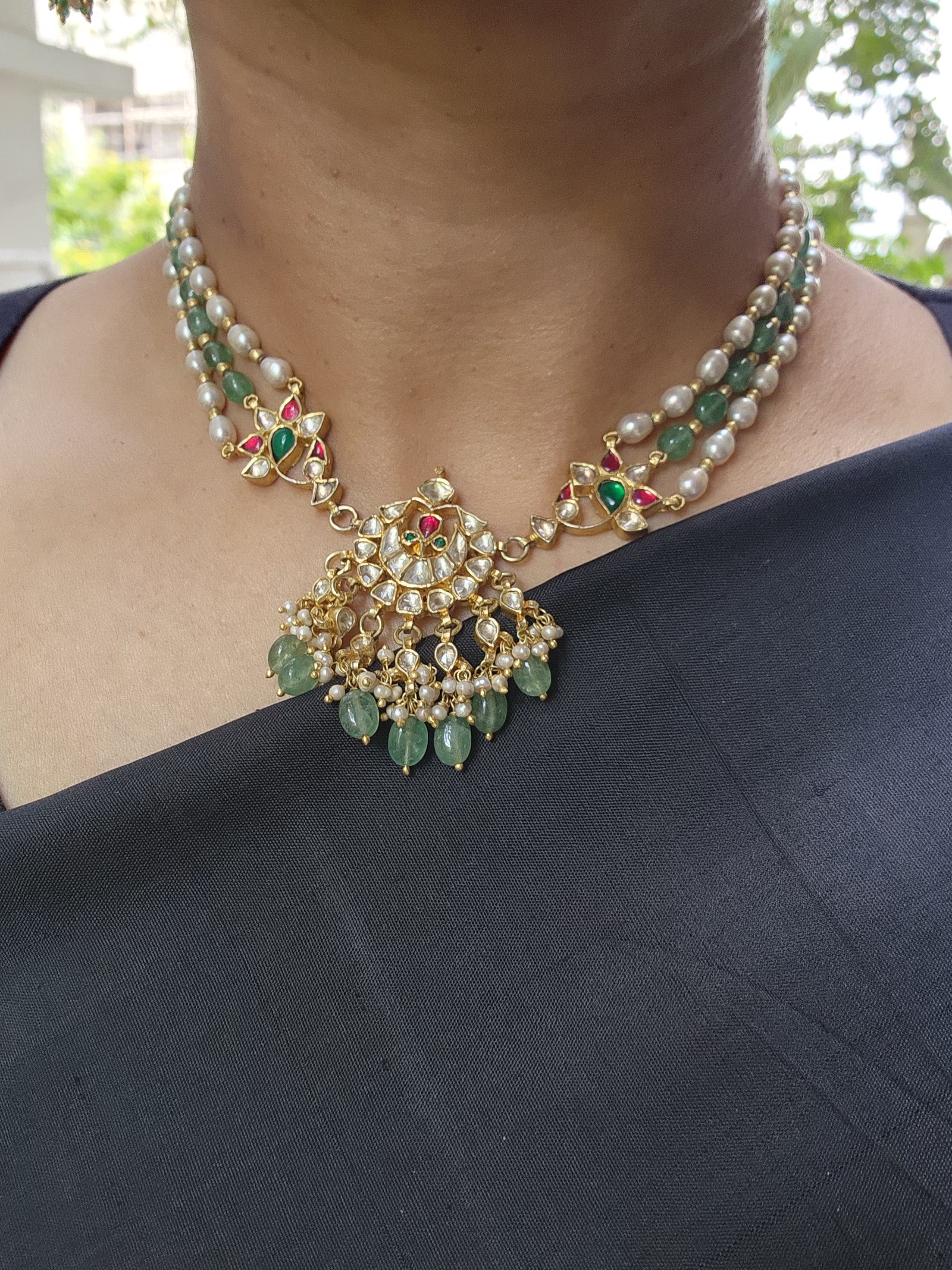 Gold polish kundan & ruby pendant with pearls and jade beads necklace-Silver Neckpiece-CI-House of Taamara