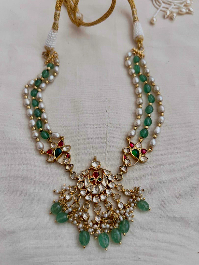 Gold polish kundan & ruby pendant with pearls and jade beads necklace-Silver Neckpiece-CI-House of Taamara