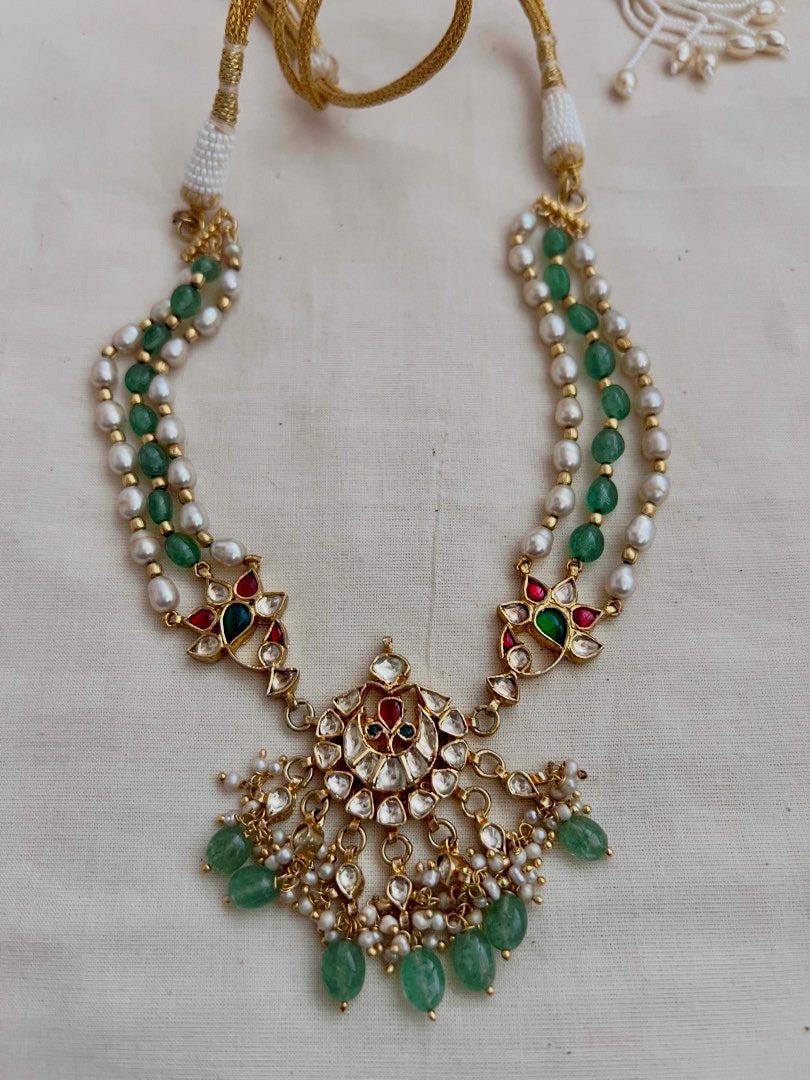 Gold polish kundan & ruby pendant with pearls and jade beads necklace-Silver Neckpiece-CI-House of Taamara