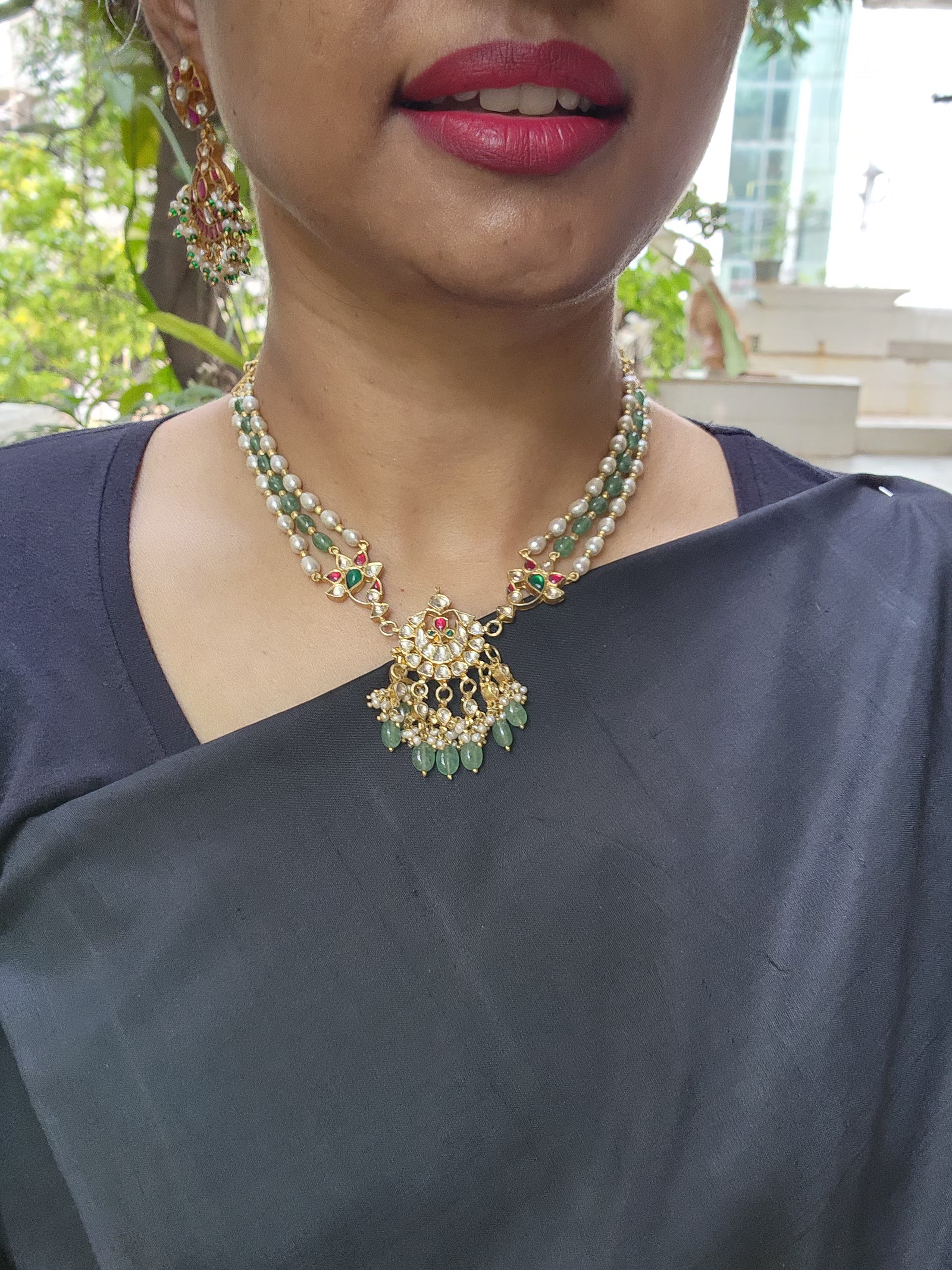 Gold polish kundan & ruby pendant with pearls and jade beads necklace-Silver Neckpiece-CI-House of Taamara