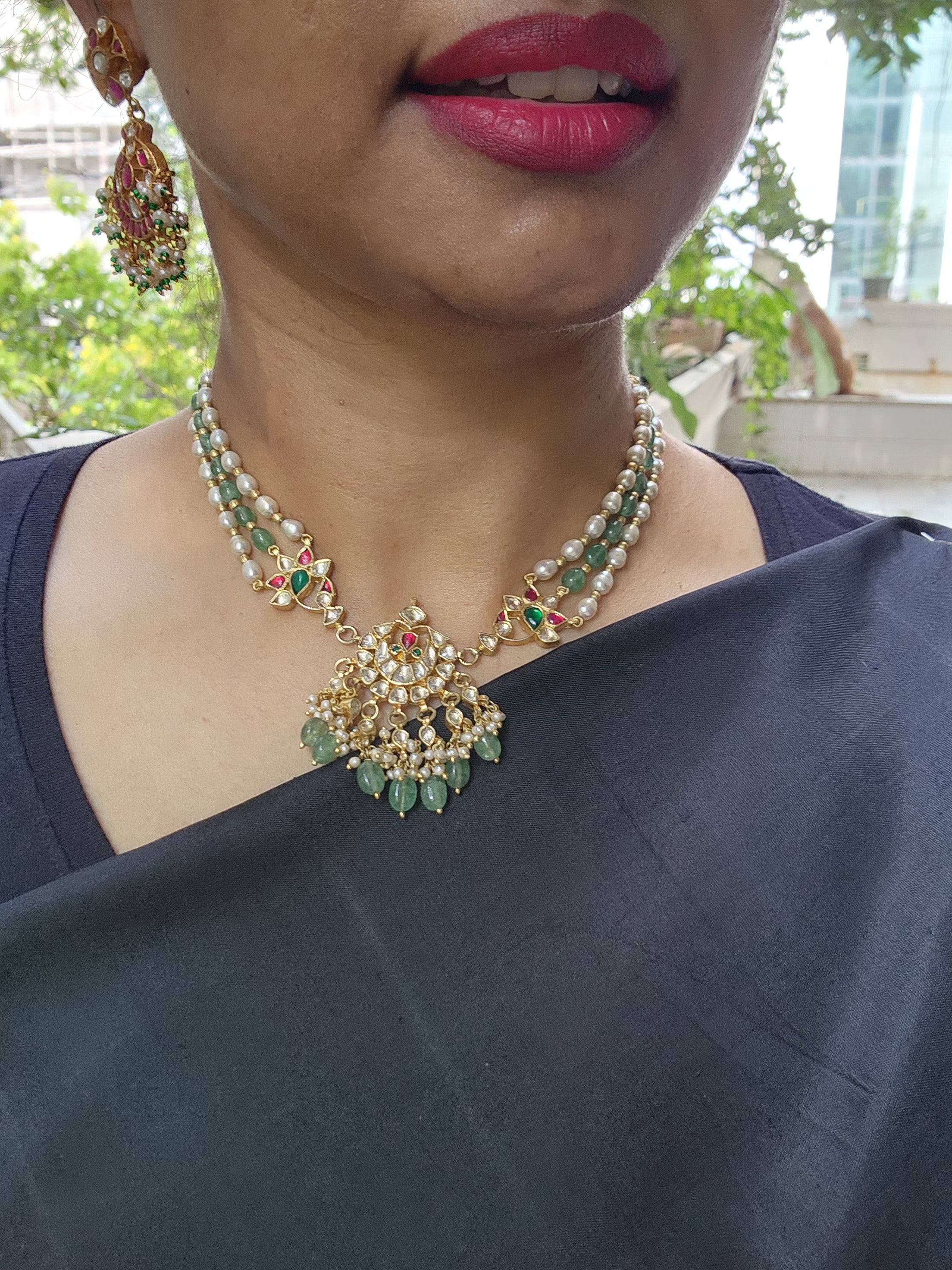 Gold polish kundan & ruby pendant with pearls and jade beads necklace-Silver Neckpiece-CI-House of Taamara
