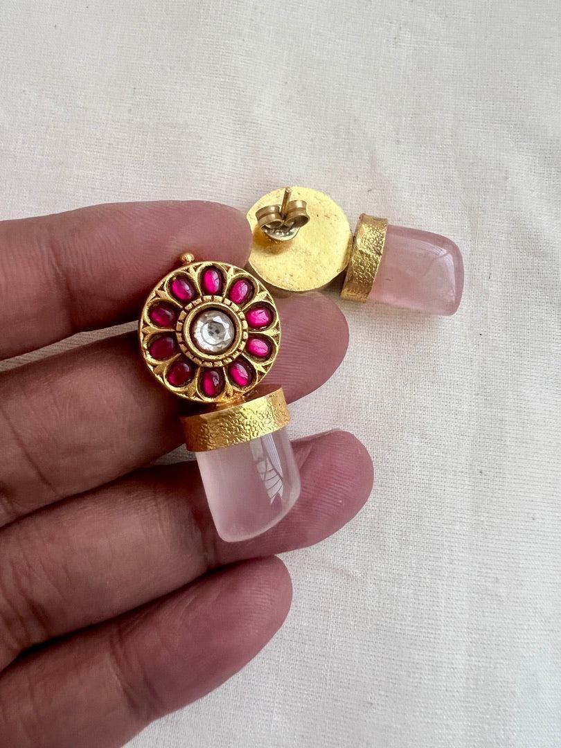 Gold polish kundan & ruby rose quartz studs-Earrings-CI-House of Taamara