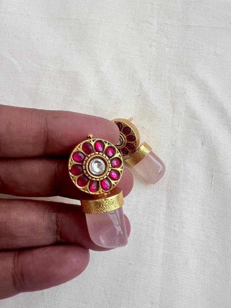 Gold polish kundan & ruby rose quartz studs-Earrings-CI-House of Taamara