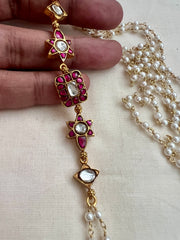 Gold polish kundan & ruby side mope long pearls chain-Silver Neckpiece-CI-House of Taamara