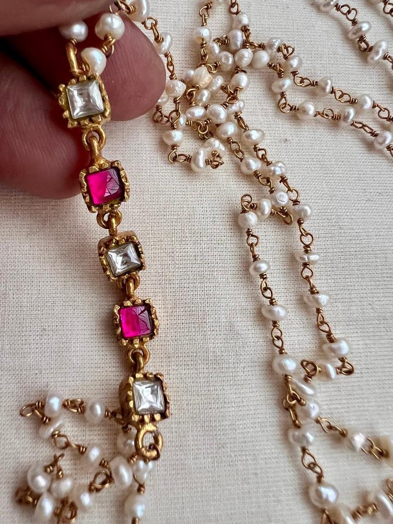 Gold polish kundan & ruby side mope with pearls chain-Silver Neckpiece-CI-House of Taamara