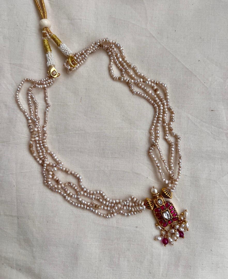 Gold polish kundan & ruby small square pendant necklace with pearls chain-Silver Neckpiece-CI-House of Taamara