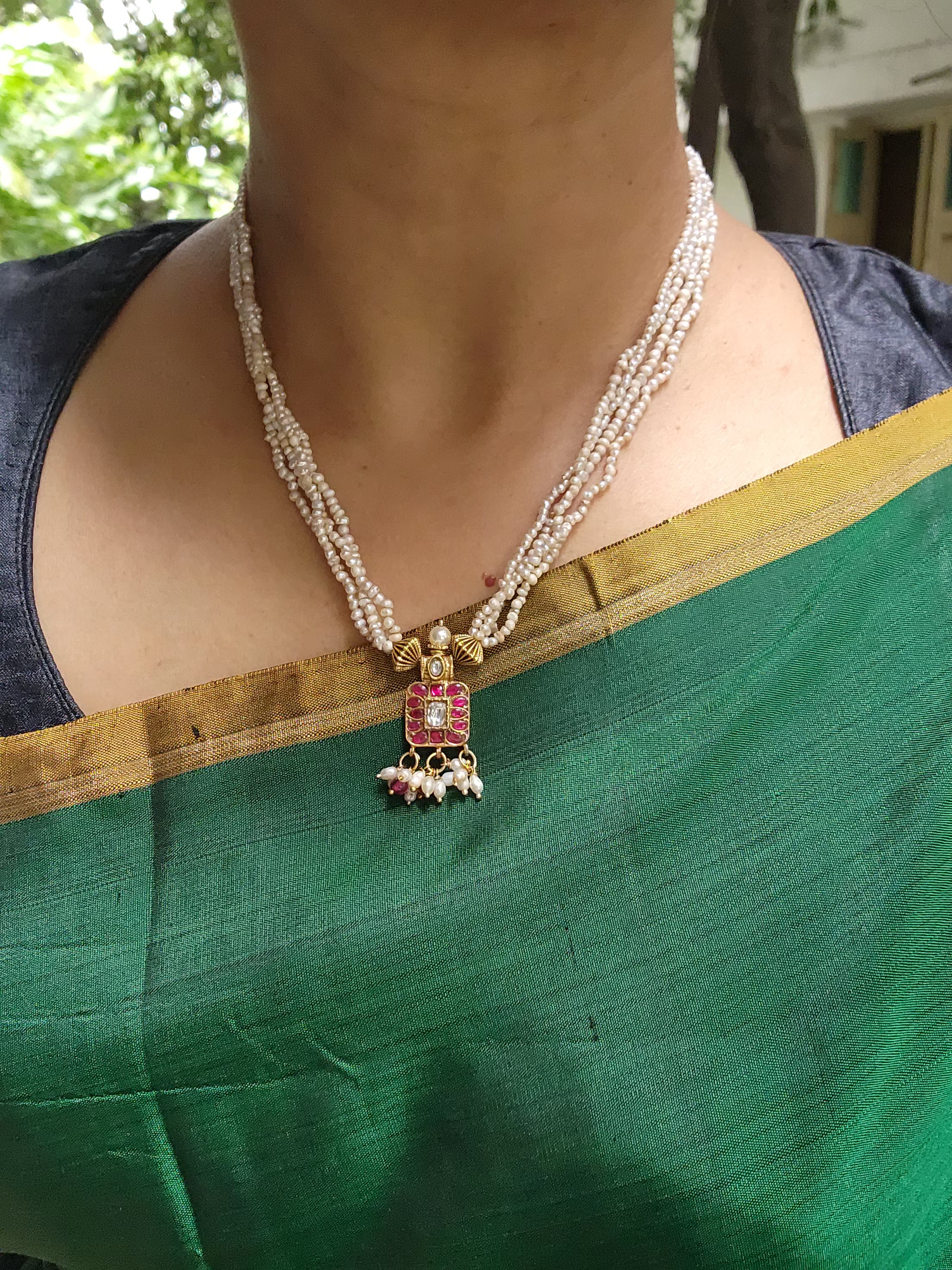 Gold polish kundan & ruby small square pendant necklace with pearls chain-Silver Neckpiece-CI-House of Taamara