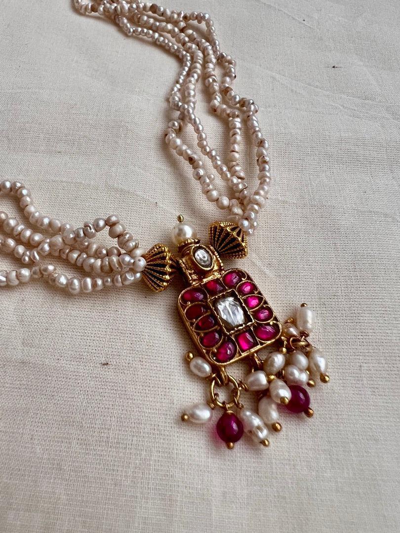 Gold polish kundan & ruby small square pendant necklace with pearls chain-Silver Neckpiece-CI-House of Taamara