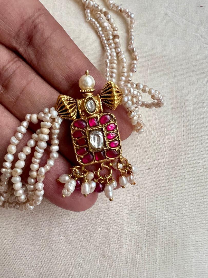 Gold polish kundan & ruby small square pendant necklace with pearls chain-Silver Neckpiece-CI-House of Taamara