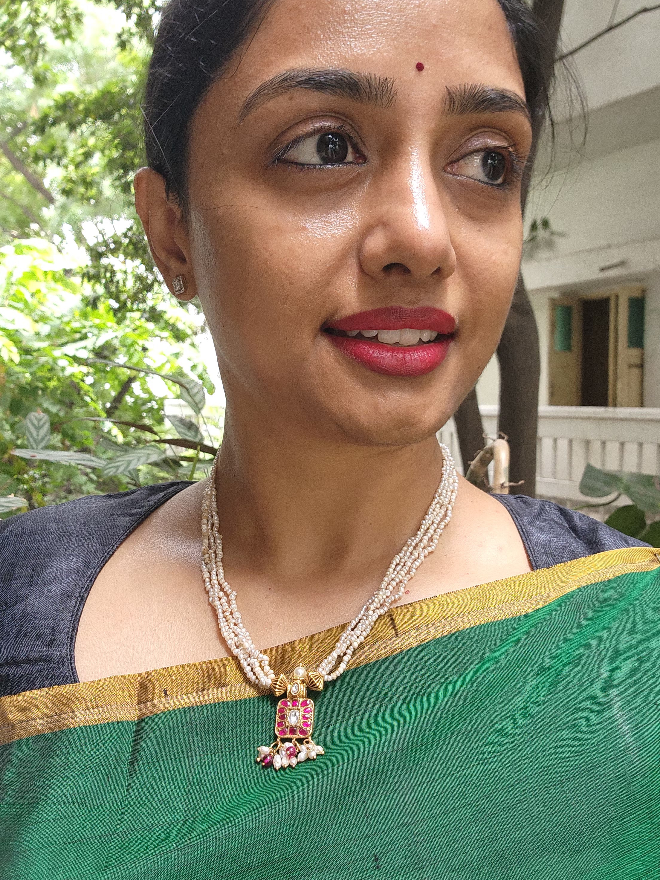 Gold polish kundan & ruby small square pendant necklace with pearls chain-Silver Neckpiece-CI-House of Taamara